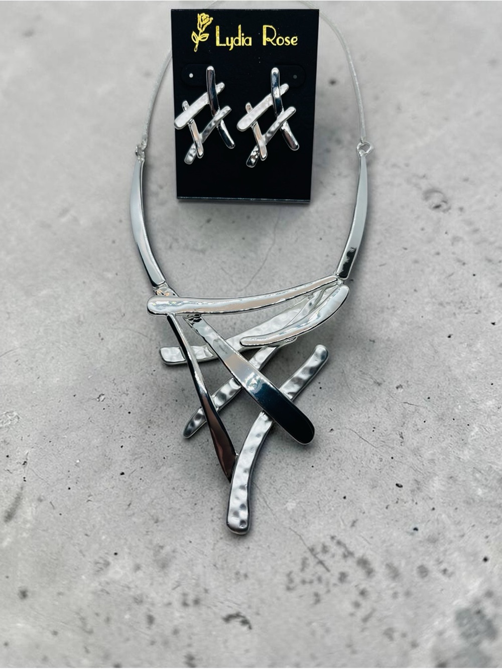 Silver-Tone Abstract Statement Collar style Necklace & Earring Set